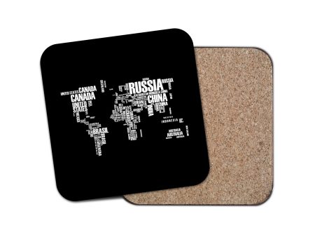 World Map (Text) Designed Coasters For Cheap